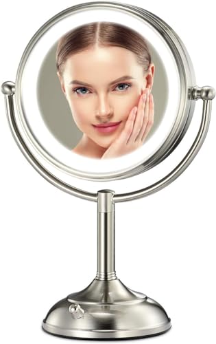 VESAUR Professional 8.5" Large Lighted Makeup Mirror Updated with 3 Color Lights, 1X/10X Magnifying Swivel Vanity Brightness Dimmable Cosmetic Mirror with 48 Premium LED Lights, Senior Pearl Nickel